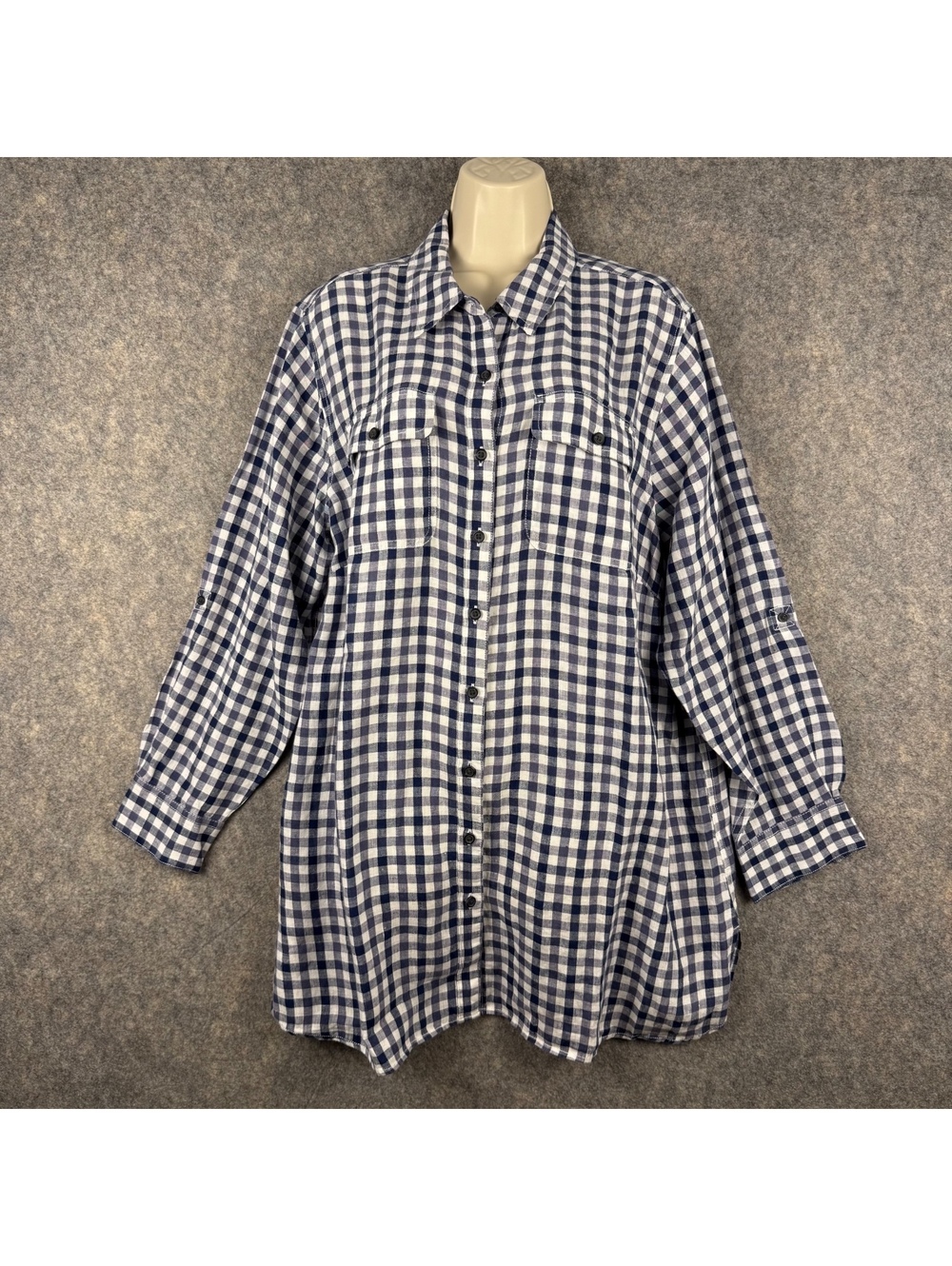 Draper James Lands’ End Gingham Linen Button Tunic Blouse Blue White Size 1X 987